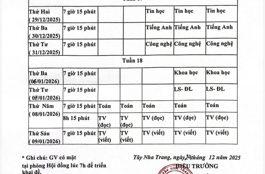  Lịch Thi Học Kì 1 – Năm học: 2025-2026